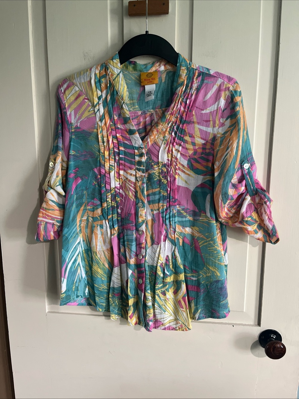 Ruby Rd. Tropical Pintuck Button-Up Blouse - Teal, Pink, Yellow, White